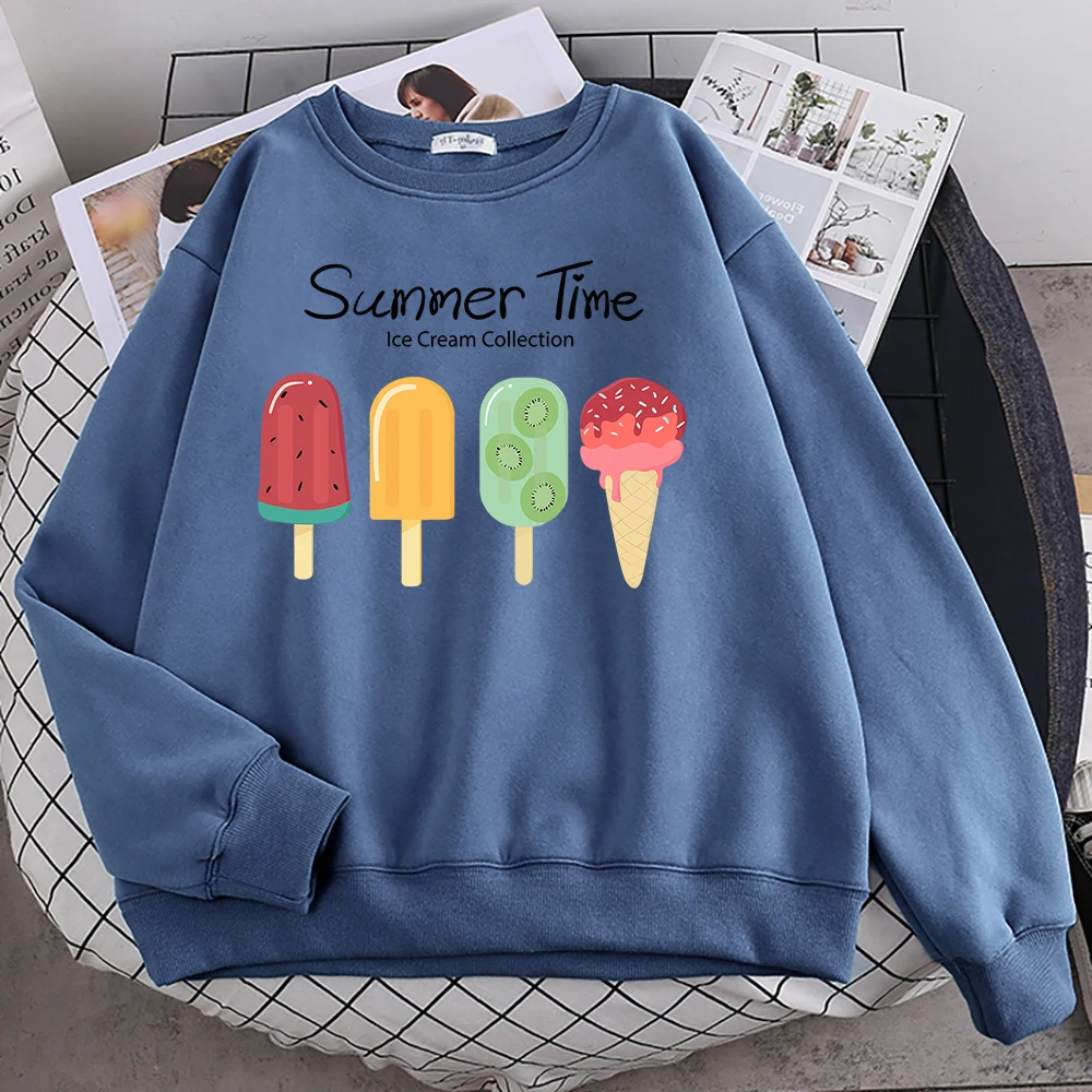 Street Funny Sweatshirts For Women Summer Time Fruit Ice Cream Collection Print Hoodie Soft Fleece Pullovers Loose Warm Clothes