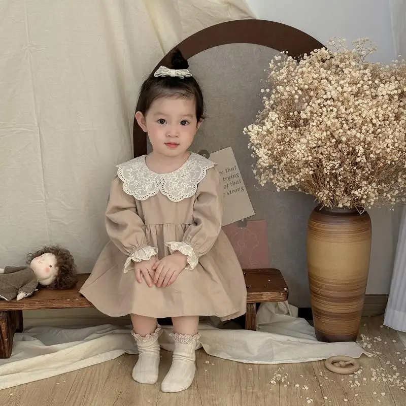 2025 Spring Autumn Girls Dress Baby Clothing Khaki Kids Birthday Dresses for Girls Princess Outdoor Dress Baby Dress
