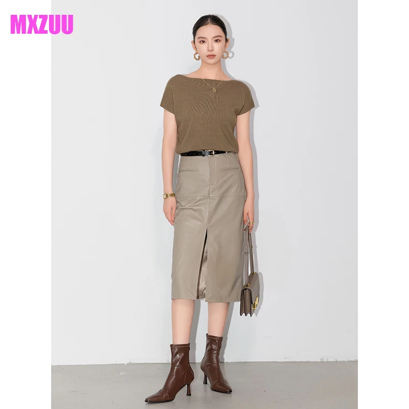 Genuine Leather Skirt for Women Autumn Winter Commuting Style High Waist H-Shaped Front Split Straight Sheepskin Slim Suit Skirt