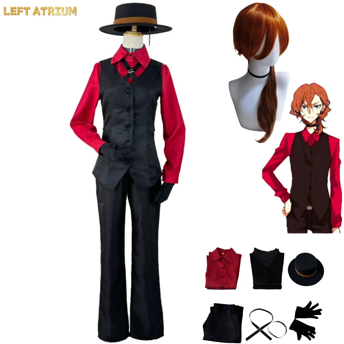 

Anime Bungo Stray Dogs Beast Nakahara Chuuya Cosplay Costume Red Shirt Uniform Vest Hat Wig Man Carnival Christmas Suit