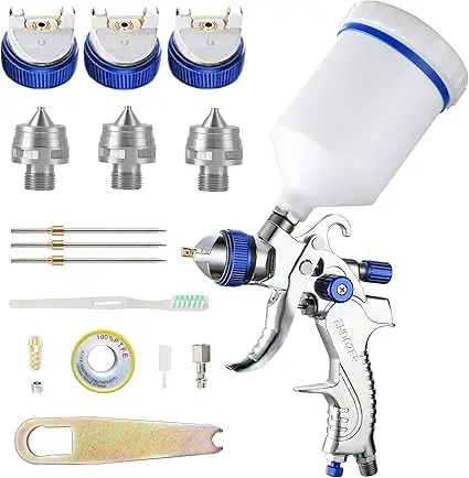 600cc HVLP Gravity Spray Gun with 1.3mm/1.4mm Nozzles, Includes Gauge for Auto Paint, Primer, and Top Coats(Blue)