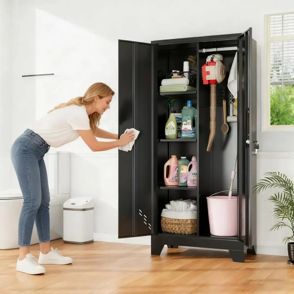 61 Tall Black Metal Storage Cabinet for Home, Utility, and Laundry with Lockable Organization