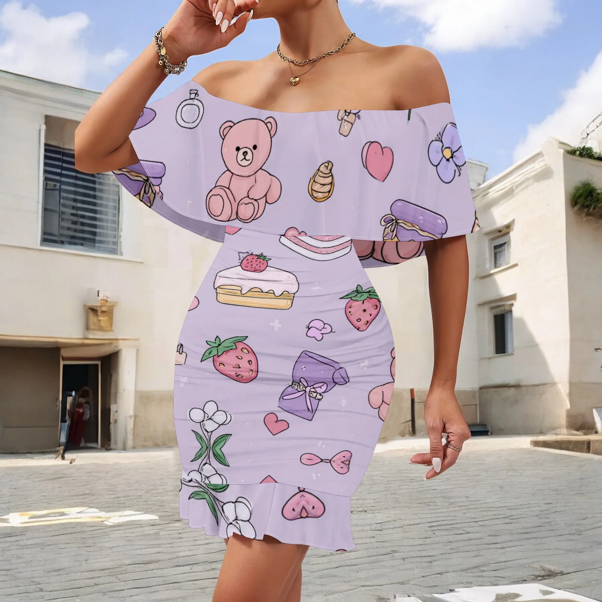 

Strawberry Teddy Print Off Shoulder Mini Dress S-3XL Ruffle Hem Bodycon for Valentine’s Day, Birthday Party or Summer Date