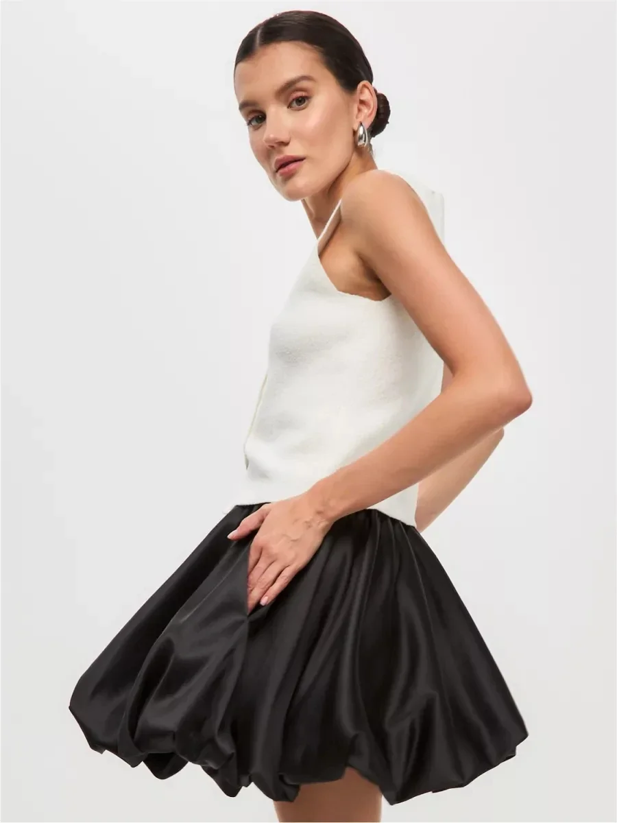 

Summer Elegant Black Mini Skirts for Women High-waisted White Balloon Pleated Skirt Satin Slik Bud Women's Short Skirts