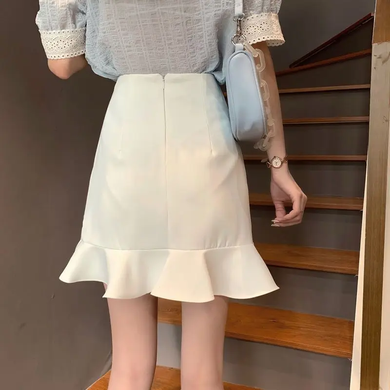

Mini Skirts Women Asymmetrical Ruched Ruffles Hip Wrapped Summer Korean Fashion Elegant Ladies Office Commuting Simple Daily Ins