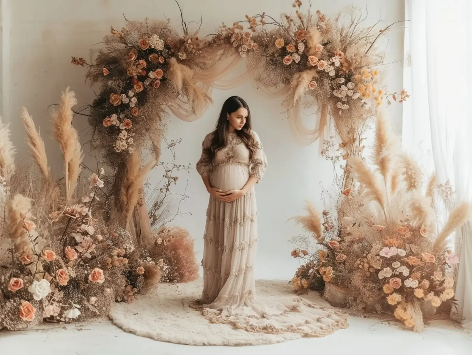 Mehofons latar belakang fotografi Boho lengkungan bunga jendela dewasa ulang tahun pernikahan potret bersalin dekorasi latar belakang Studio foto