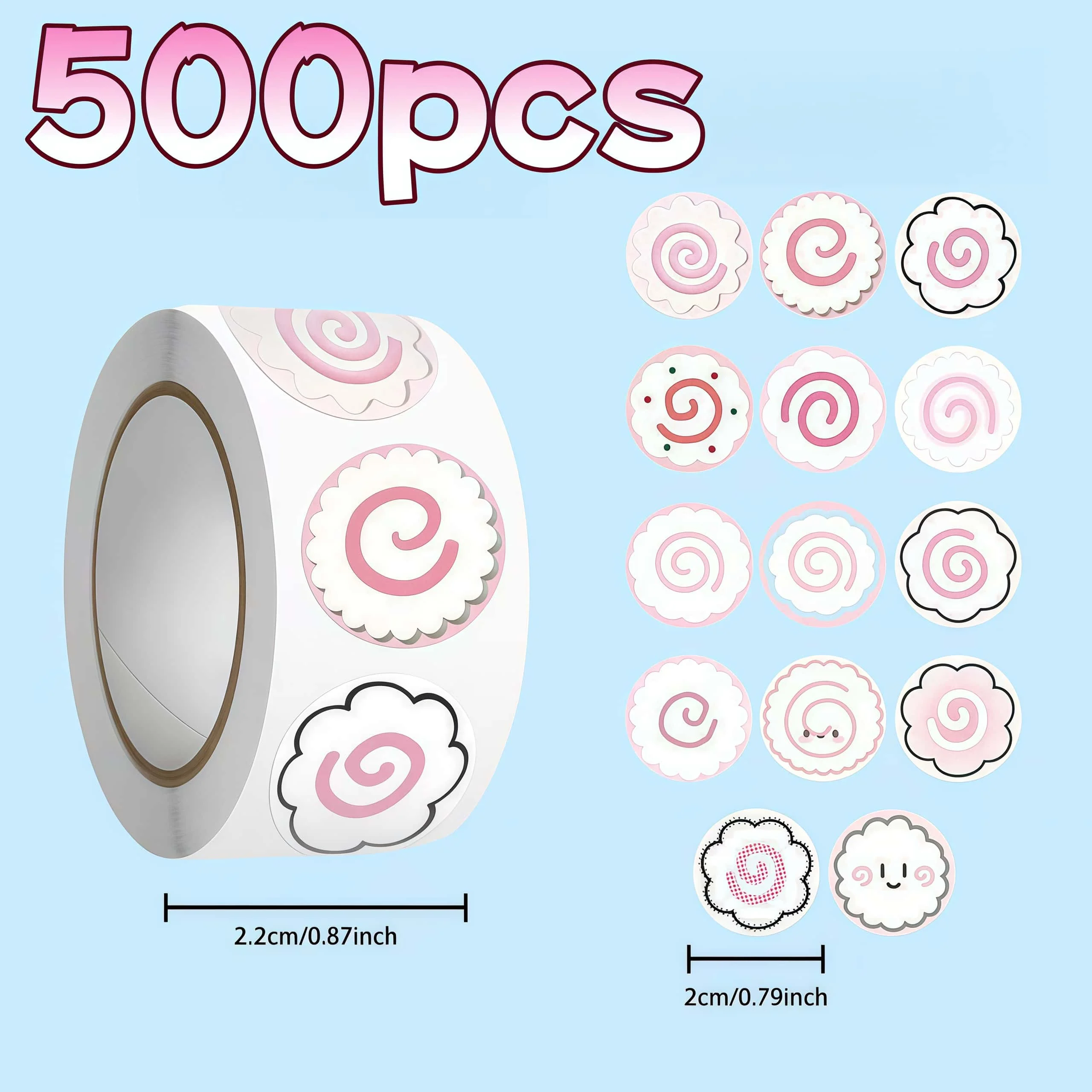 500Pcs Pink Spiral Fish Cake Sticker Roll, Cute Cartoon Narutomaki Emoji Labels for Package Sealing, Journal Scrapbook & diy
