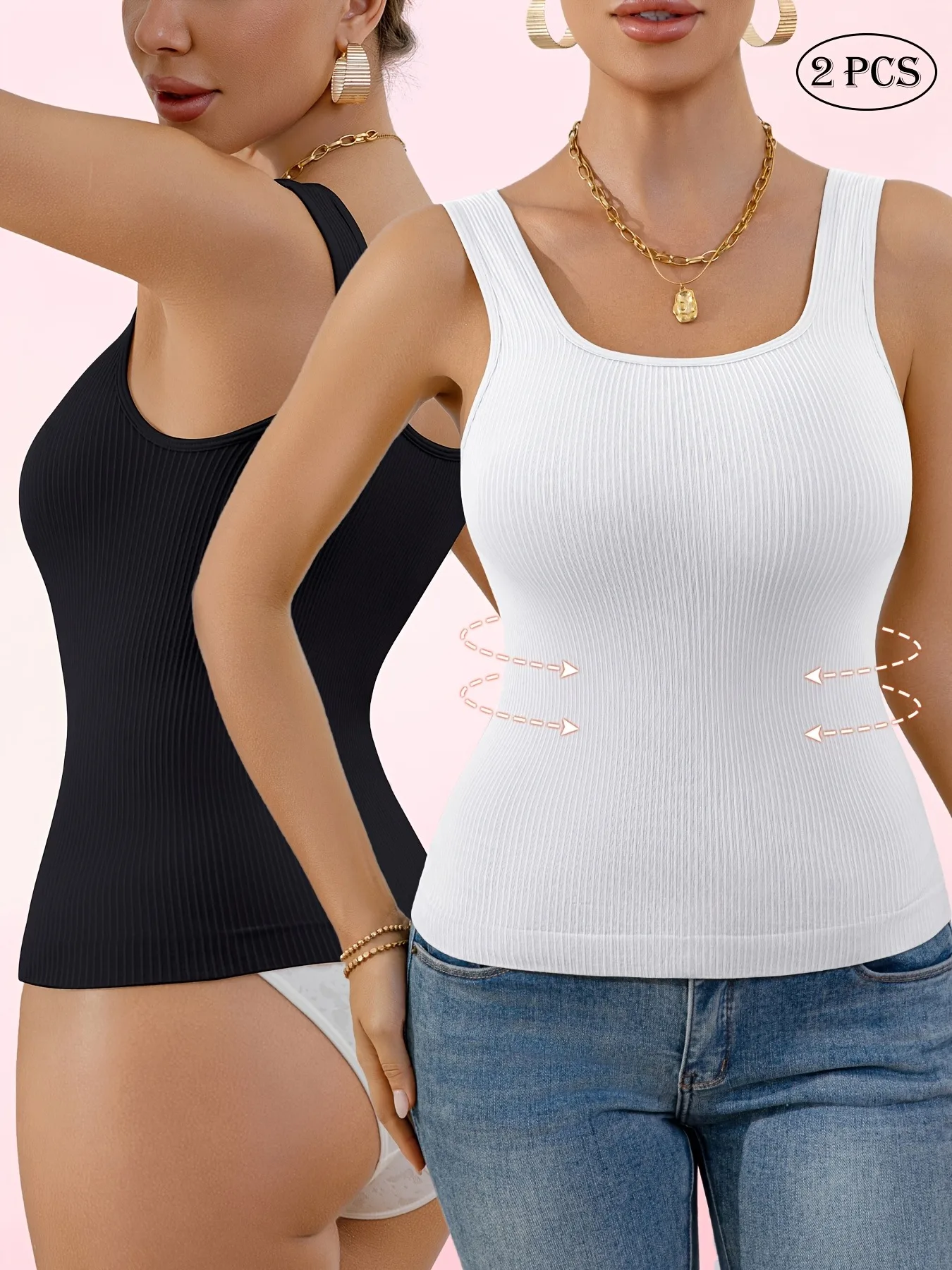 2 Pack Women's Seamless Shaping Tank Top, Ribbed Sleeveless Base Layer, Breathable Minimalist Form-Fitting Invisible Layering To