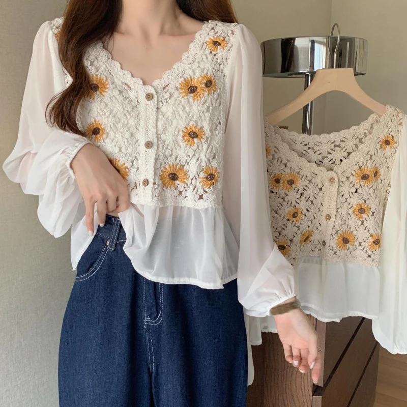 Puff Sleeve T-shirt Sweet Flower Embroidery Loose Fit Lazy Style Women\'s Top Sun Protection Breathable Comfort Leisure All-Match