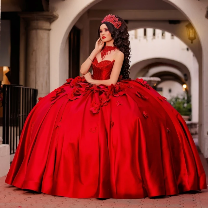 

Red Quinceanera Dresses Ball Gown Off The Shoulder Applique Flower Beading Crystal Sweet 16 Dress Vestidos 15 De Anos