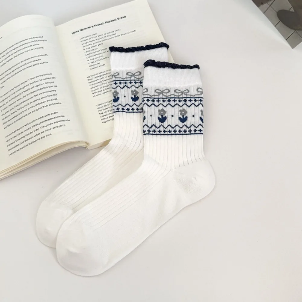 New Korean Style Cotton Socks Grey Checkered Light Mid-calf Socks Small Flower Breathable Boneless Pile Socks Spring Summer