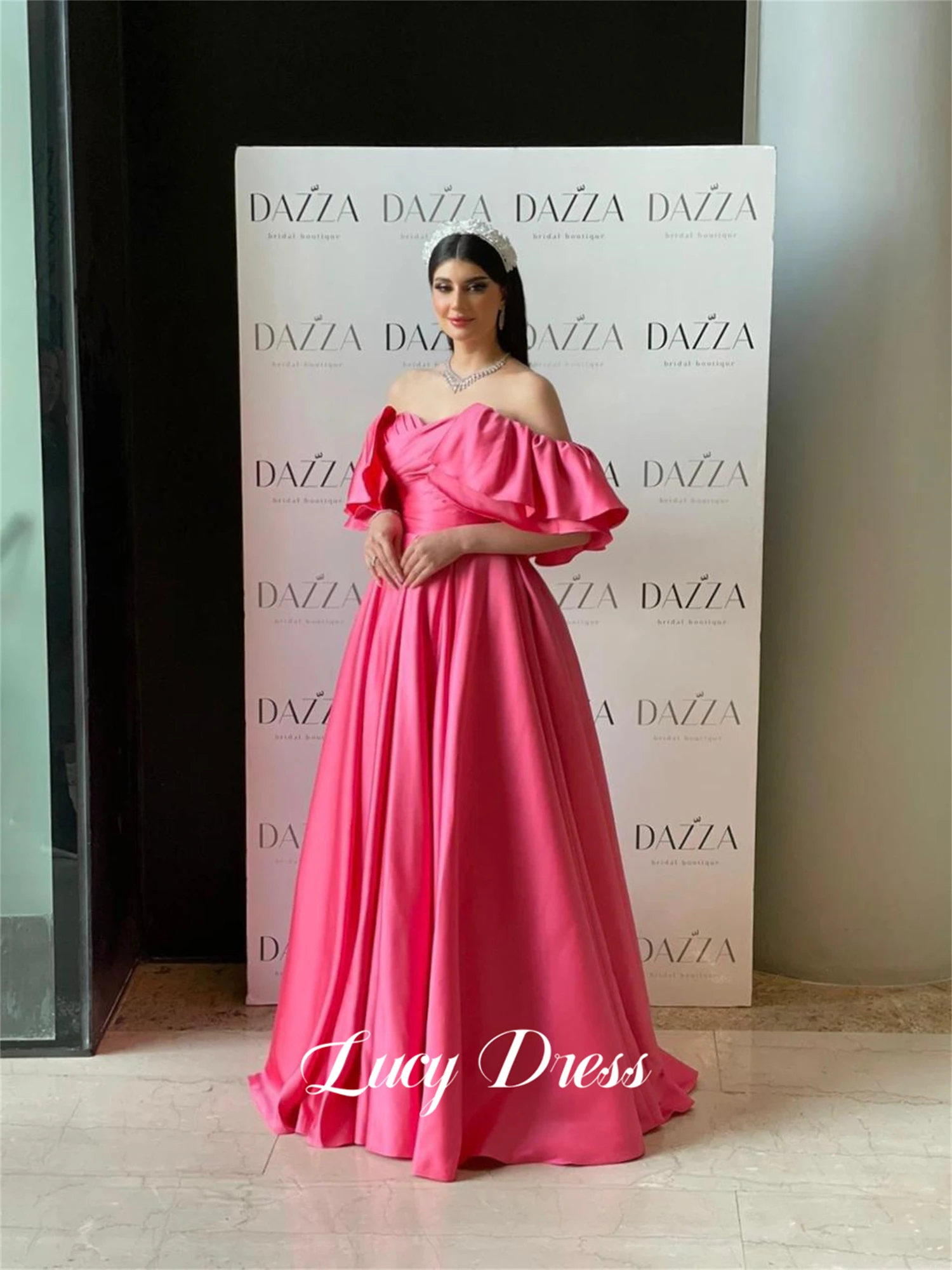 

Lucy Wedding Party Dress Evening Line A Pink Eid Ruffled Sculpted Shoulder Sleeves Satin Luxury Dresses Women 2024 Ball Gowns