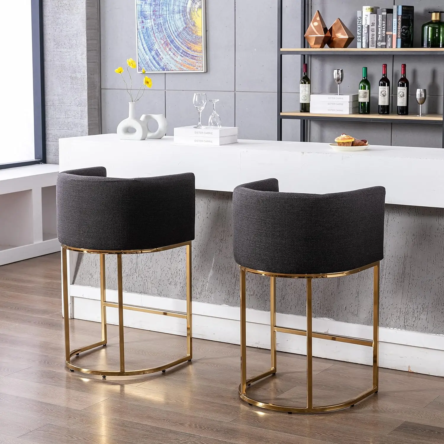 Contemporary Charcoal Linen Bar Stools Set of 2, 29" Upholstered Fabric Counter Height Barstools Kitchen Counter Island Stools