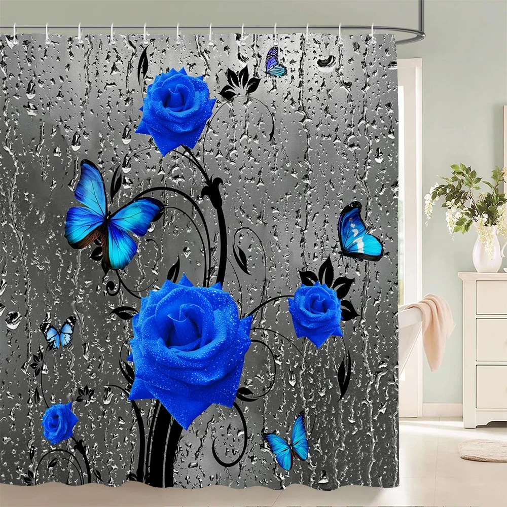 Blue Rose Plant with Floral Bathroom Decoration Shower Curtain 180*180CM with Hooks