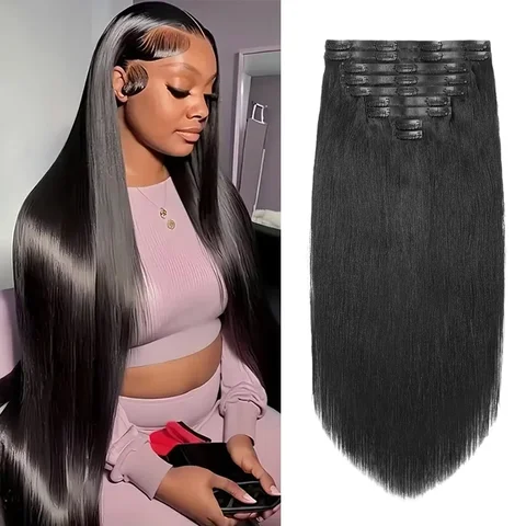 Clip nelle estensioni dei capelli Capelli umani Clip dritta brasiliana al 100% in colore nero naturale Clip invisibile senza cuciture in capelli Remy