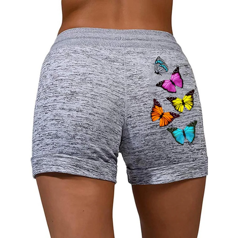 Plus Size Women Summer Outdoor Sports Pants Casual High Waisted  Drawstring Shorts Ladies Fashion Butterfly Printed Yoga Shorts