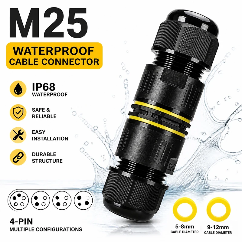 

IP68 M25 Cable Connector Outdoor Waterproof Junction Box Screw Connection 2/3/4/5 Pin Rainproof Terminal Solder Less LED Lamp