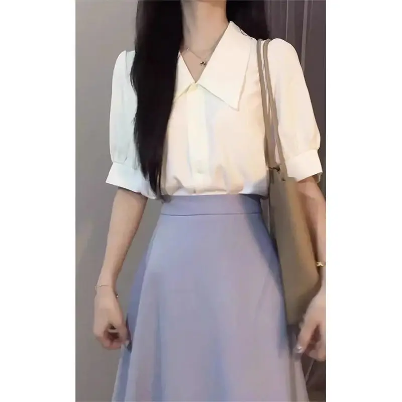 Camisas de manga curta das mulheres minimalista botão para baixo blusa cor sólida gola solta ajuste casual moderno rua verão