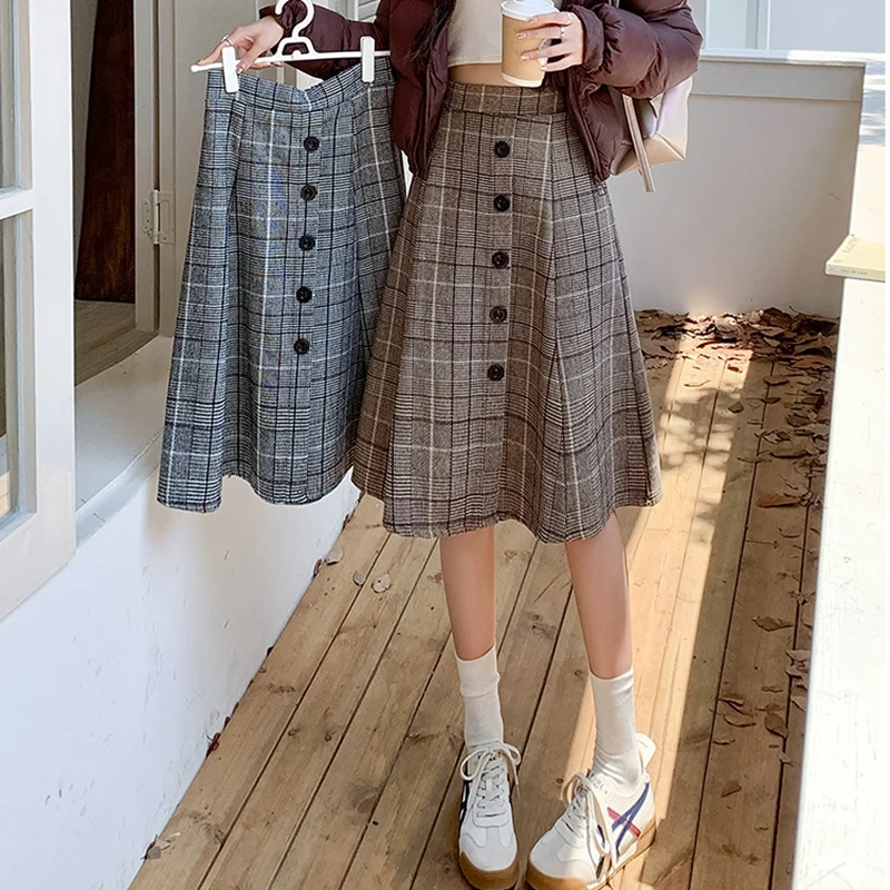 

Autumn Winter Plaid Woolen Skirt Women Fashion Elastic High Waisted Single Breasted A-line Midi Skirt