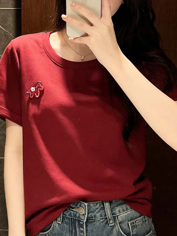 

plus Size Summer Casual Red Design Short Sleeve T-Shirt Women's Fashionable Versatile Label-Free Breathable Comfortable