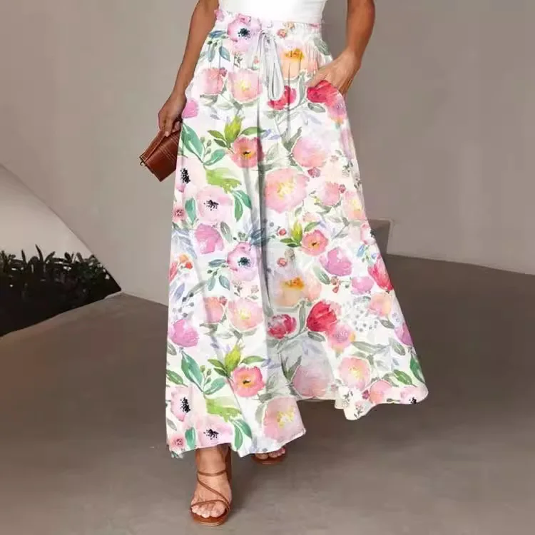 Spodnie damskie z szerokimi nogawkami, długie spodnie z nadrukiem kwiatowym, w pasie, proste spodnie Y2k Streetwear, eleganckie, luźne, letnie spodnie Maxi Capris