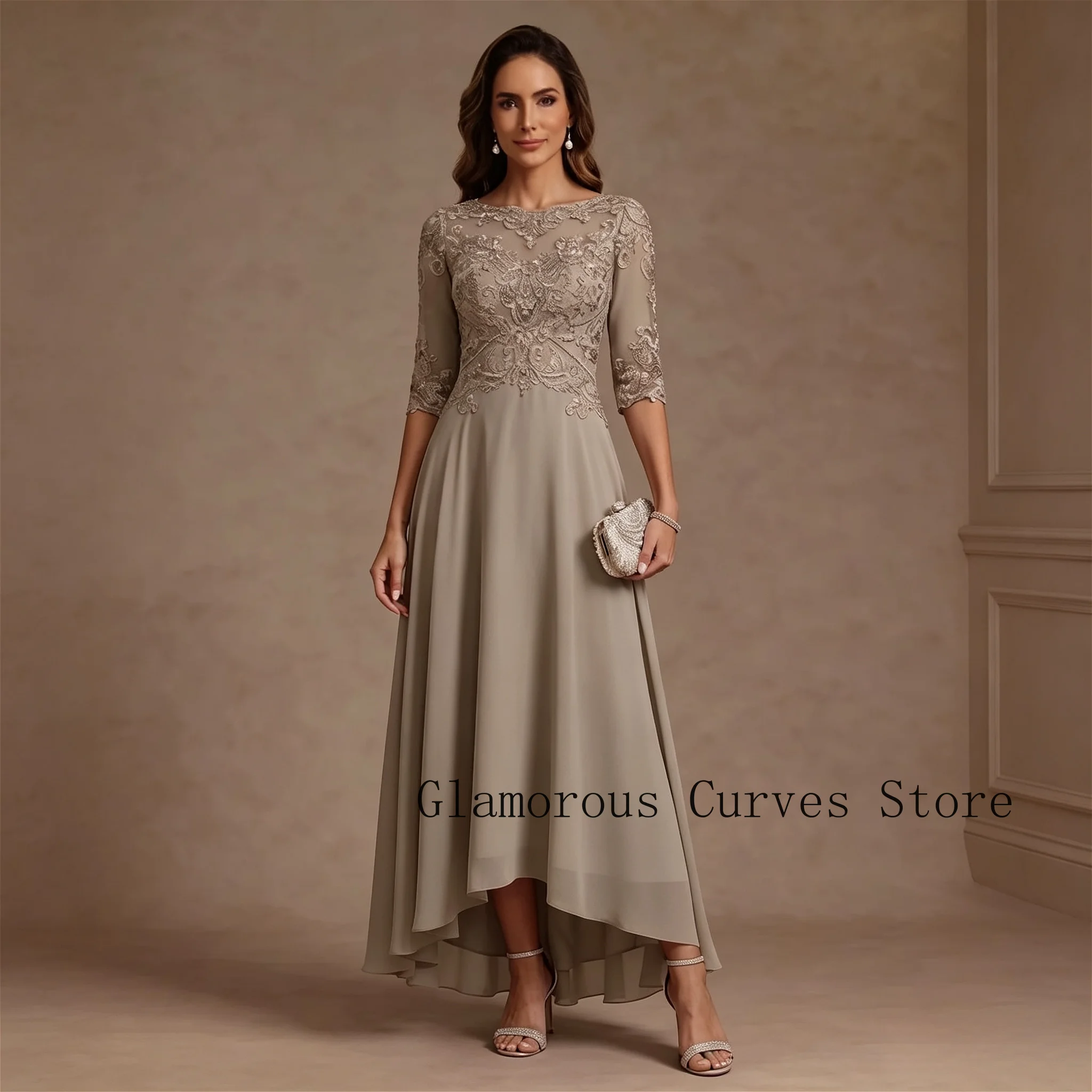 Vestido de fiesta formal para la madre de la novia, de color taupe, con corte asimétrico, confeccionado en gasa, con aplicaciones de encaje, escote barco y mangas de tres cuartos, de corte en línea A, ideal para bodas y eventos formales.