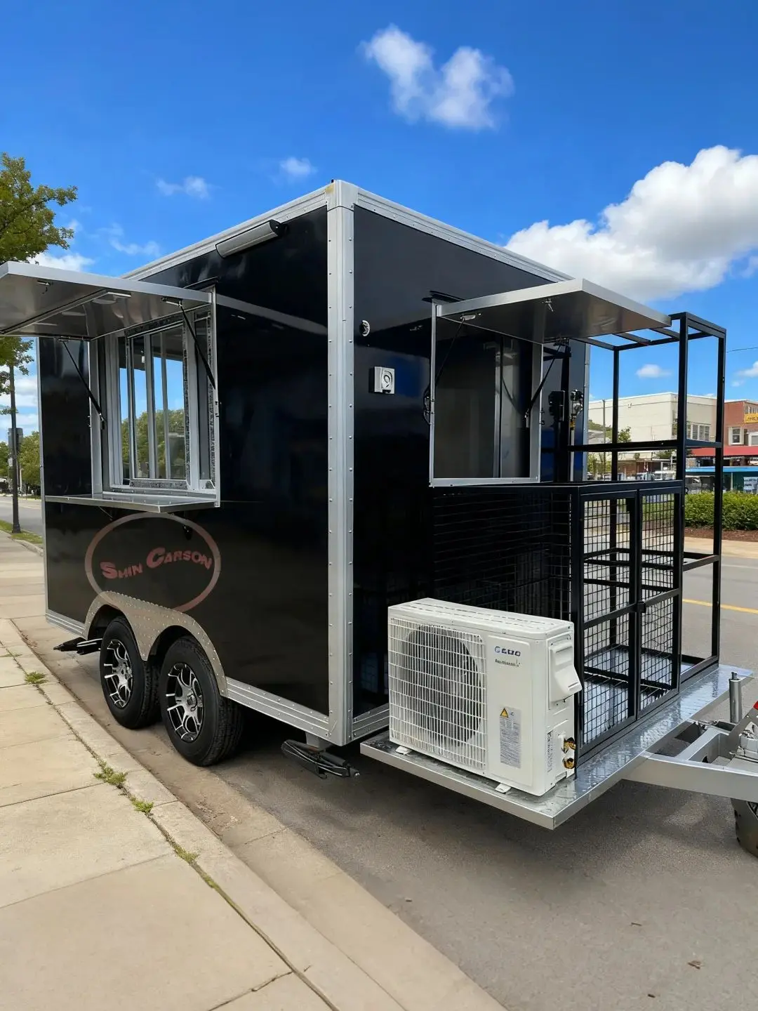 

Outdoor Food Trailer Black Main Body Silver Metal Trim Service Window with Awning Dual-Wheel Design for Catering Business