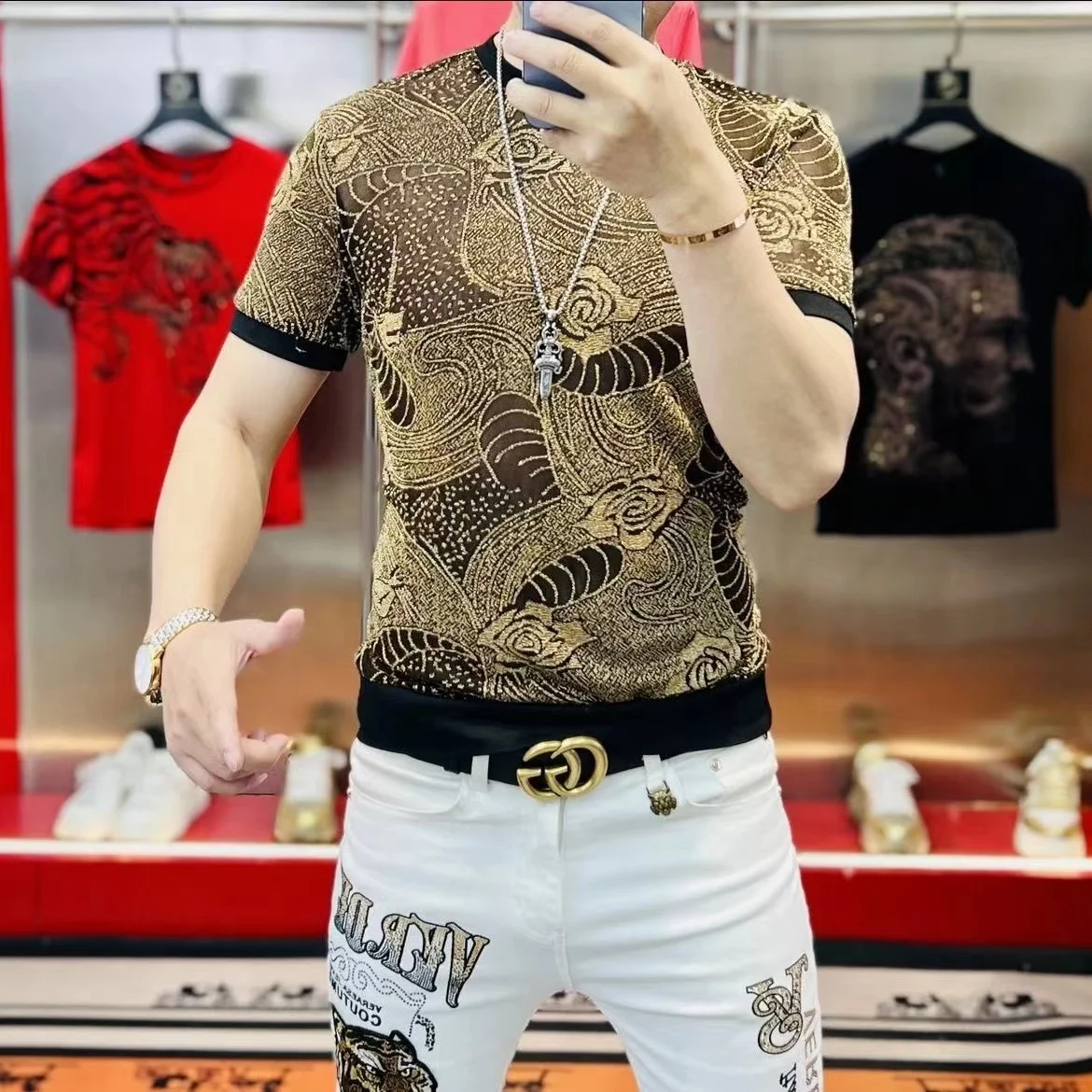 Summer Ice Silk Hollow Mesh T-shirt for Men Luxury Printed Short Sleeved Casual T-shirt Social Streetwear Round Necked Tee Top