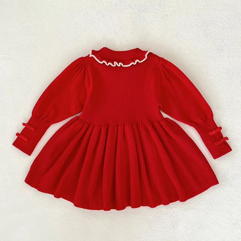 2024 New Autumn European American Style Baby Girls Knitting Dress Long Sleeved Solid Color Knitted Kids Princess Dresses