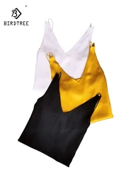 BirdTree 100% Silk Minimalist Sling, Women's Three Color Double Layer Silk, V-Neck INS Style Tank Top, 2026 Summer New T41576QC