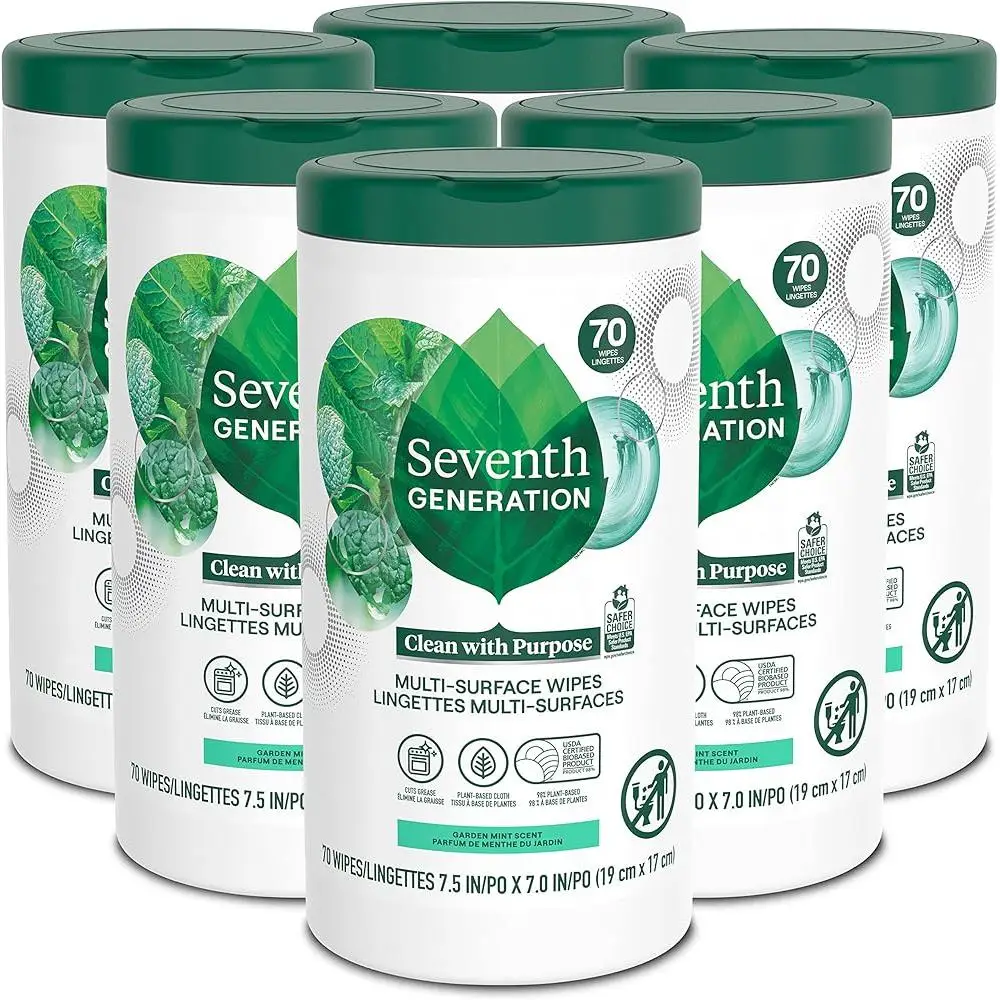 Multi-Surface Cleaning Wipes Garden Mint Scent 70 Sheets Pack of 6 Essential Oils Botanical Ingredients Convenient Home Use