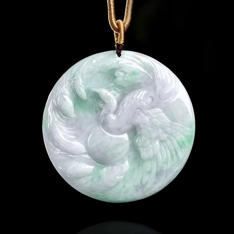 Authentic Natural Myanmar A-Quality Jadeite Pendant Jewelry Spring Dragon And Phoenix Design Rice Ice Texture For Men & Women