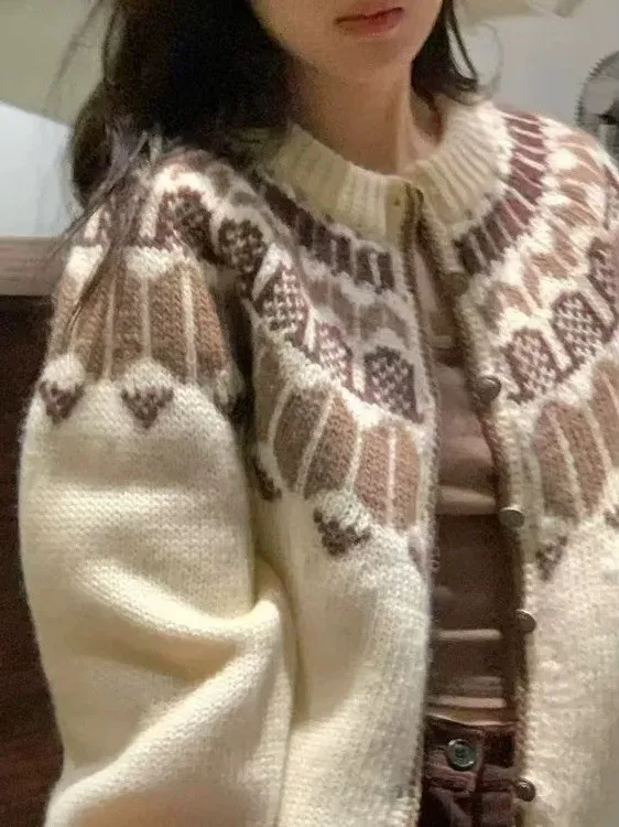 

Soft Cozy Knitted Open Cardigan Women's Autumn Winter Geometric Pattern Vintage Quali Sweater Jaet Fem Faionable