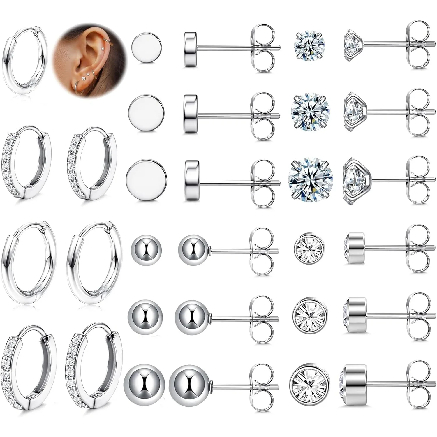 

Florideco Surgical Steel Hoop Stud Earrings for Women Men Opal Ball Zirconia Flat Back Earrings Cartilage Piercings Jewelry