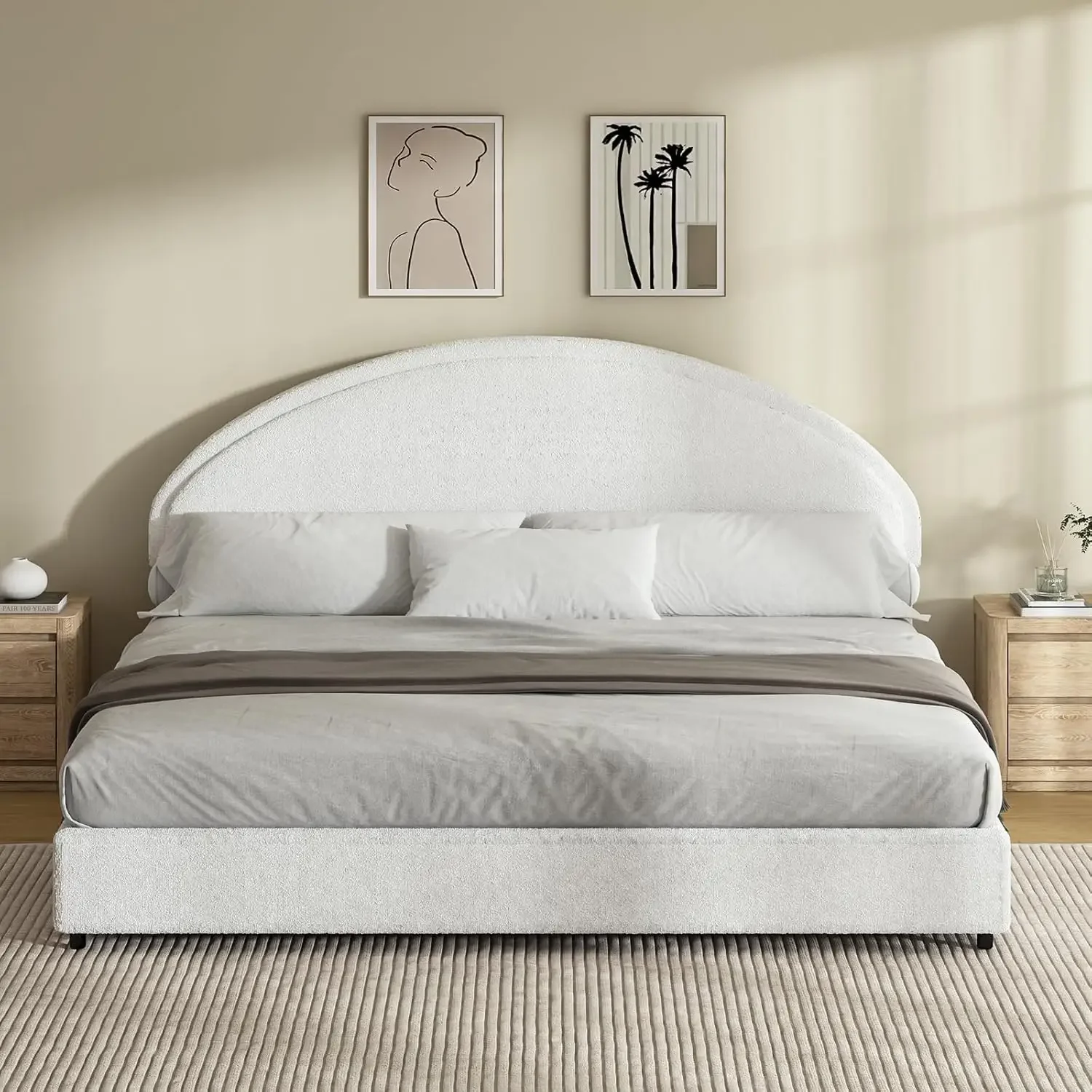 King Size Bed Frame with Round Headboard, Boucle Upholstered Bed Frame, White Boucle Bed Frame, Soft Arch Shaped Modern Style