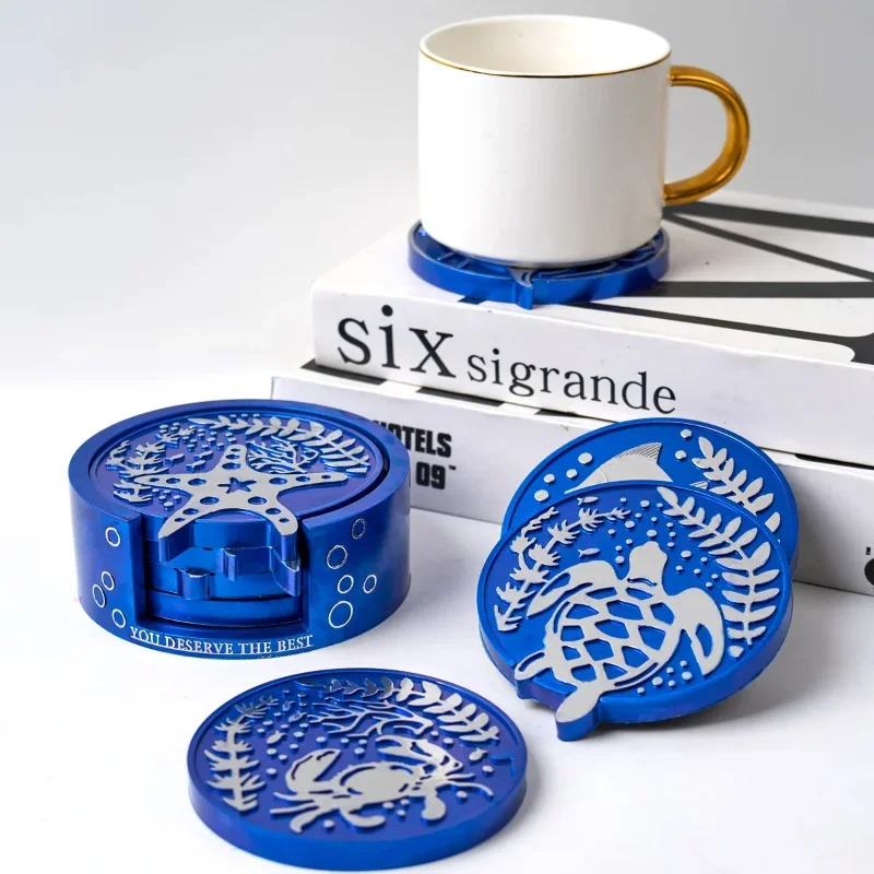 2026 Ocean Series Untersetzer-Silikonform-Set mit runder Aufbewahrungsbox für DIY-Bastelarbeiten, Gips- und Epoxidharz-Untersetzer, Heimdekoration
