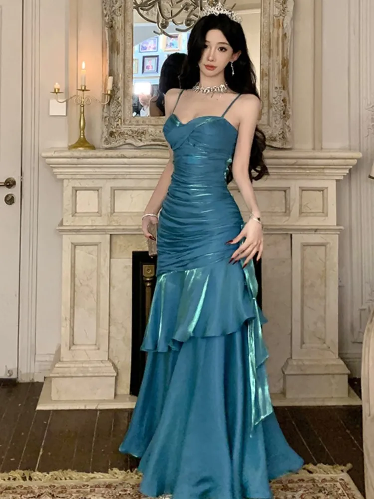 

Spring Summer Spaghetti Strap Ruffled Dresses Sexy Shiny Glitter Mermaid Evening Party Prom Gowns Sleeveless Slim Waist Robe