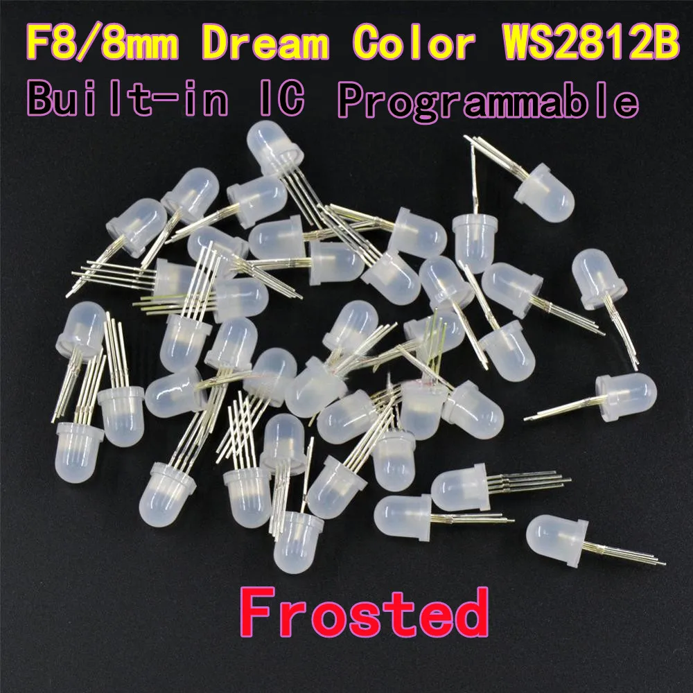 50PCS F8/8mm 드림 컬러 WS2812B LED 비드, 내장형 IC, 프로그래밍 가능, 둥근 머리, 투명 및 반투명, 5V 고휘도