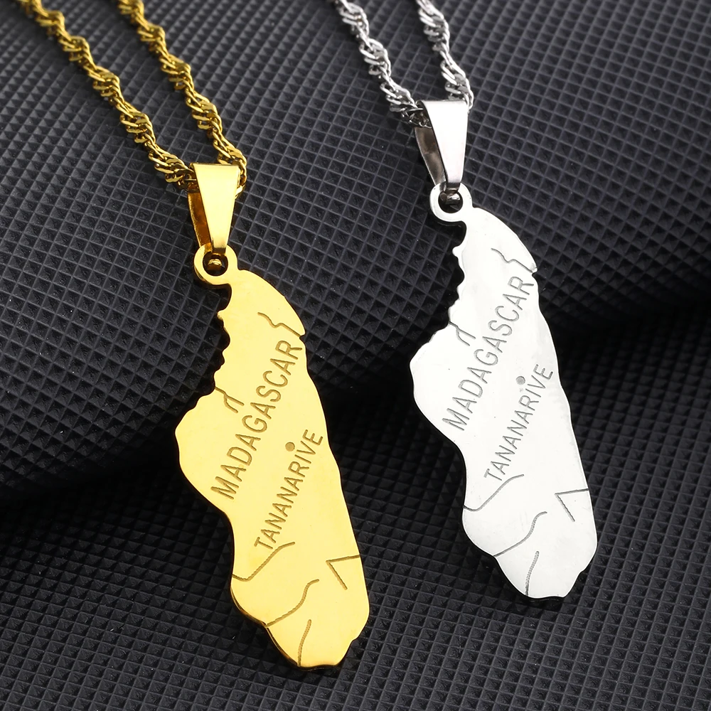 

African Madagascar Map City Pendant Necklace Stainless Steel Men Women Ethnic Maps Jewelry Gift