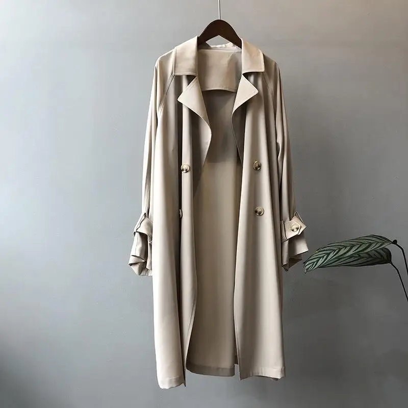 Women\'s V-neck Midi Spring and Autumn New Fashionable Commute Solid Color Button Long Sleeved Oversized England Thin Trench Coat