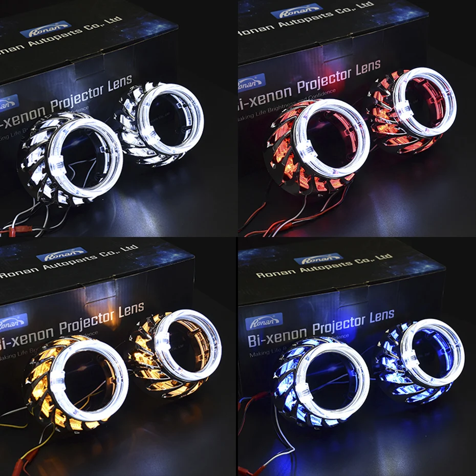 RONAN 2.5inch Spiral Double LED Integrated Shrouds White Blue Red Angel Eye DRL for Bi-xenon Bi-led Projector Lens Headlight