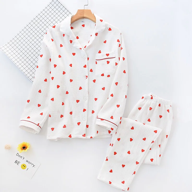 Conjunto de pijamas con estampado de corazón para mujer, ropa de casa de algodón crepé, doble capa, gasa, cuello vuelto, pantalones de manga larga,