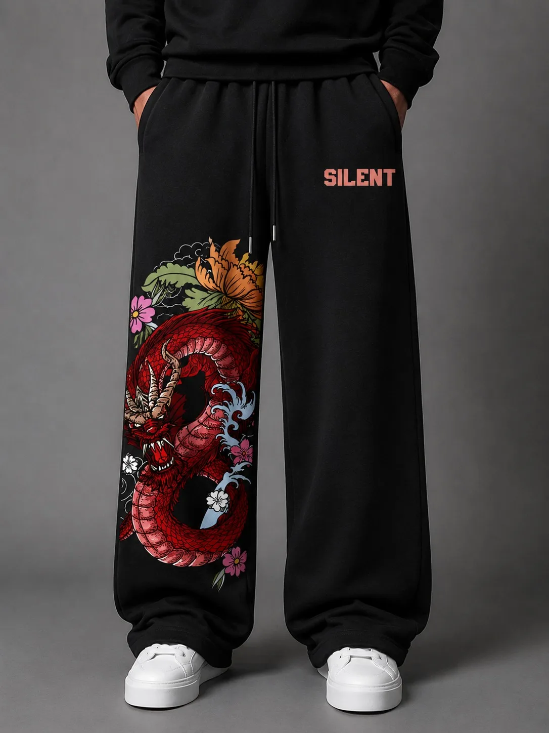 New Loose-Fit Trousers — Eye-catching Red Dragon and Floral Prints, Elastic Drawstring Waistband, and A Street-style Casual Look