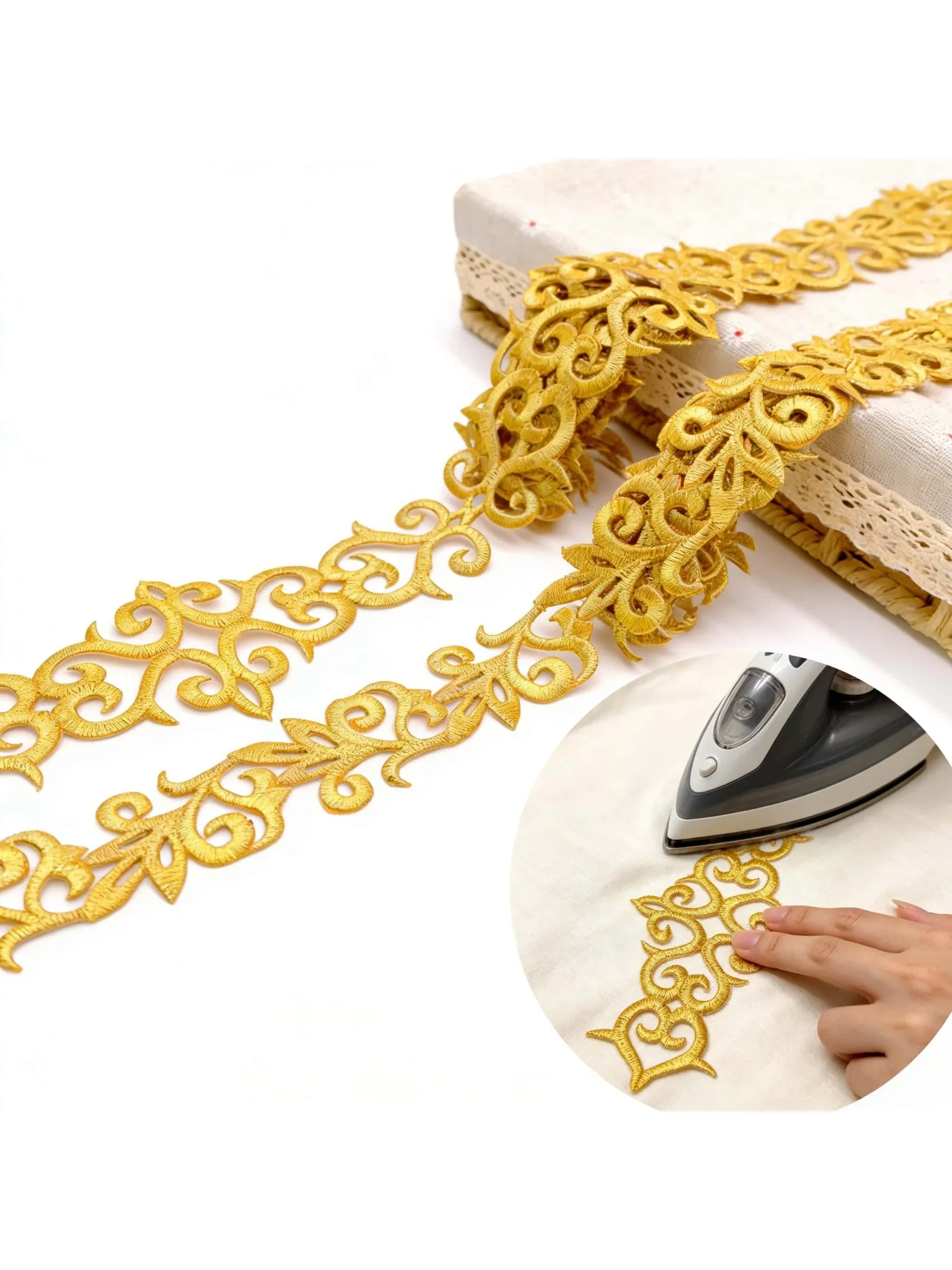 1M/4M Goldene Aufbügelbare Stickerei-Borte 3,5/7,6cm Verziertes Spitzenband für Kleider, Kostüme, Hochzeiten, Bühnendekoration, DIY-Bastelarbeiten