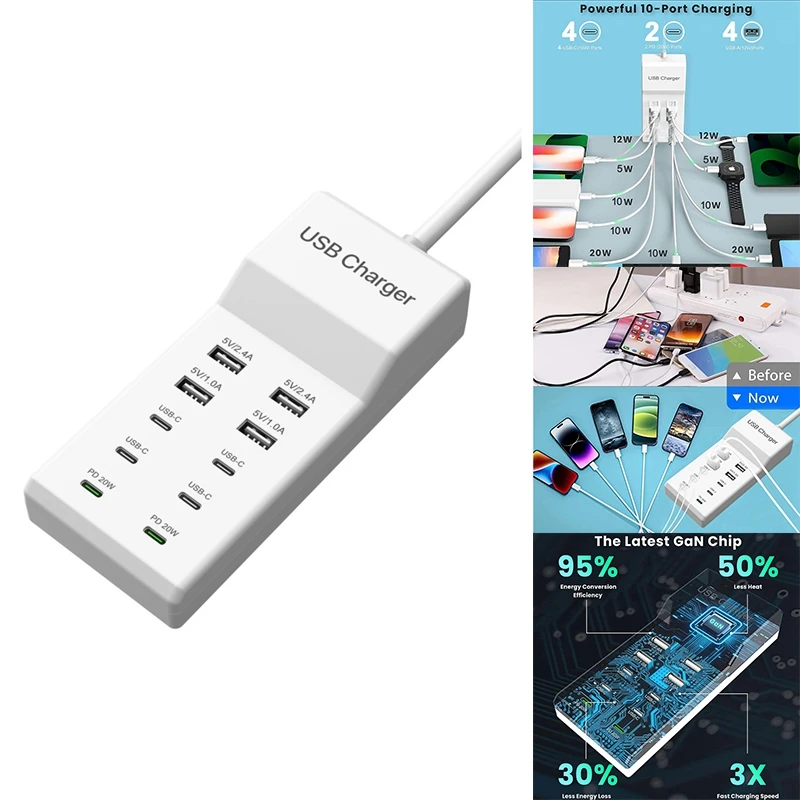 100W 10-Port USB C Charging Dock Station Desktop USB PD Fast Charger For Multiple Devices Fast USB Power Strip