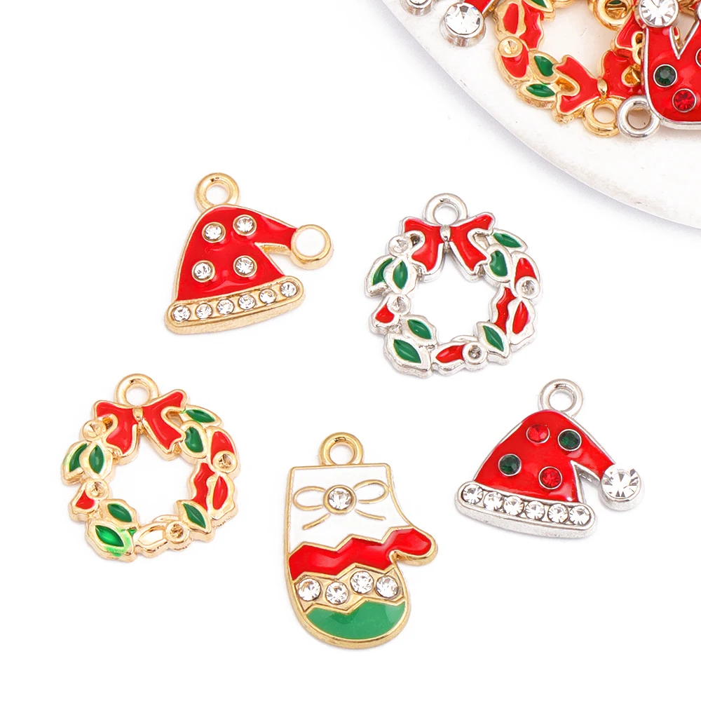 10Pcs Enamel Christmas Charms Alloy Wreath Gift Gloves Pendants for Jewelry Making Necklace Earring DIY Jewelry Ornament