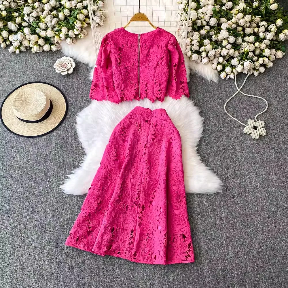 Vintage 2 Piece Sets Women Outfit O-Neck Zipper Short Tops + Lace Embroidery Hollow Out A-Line Skirt Beach New Two Piece Set