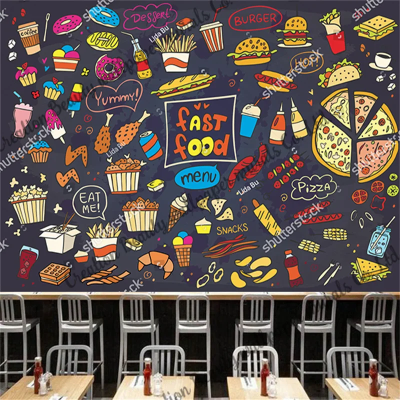 

Custom Blackboard Fast Food Wallpaper Burger Pizza Mural Restaurant Snack Bar KTV Background Wall Papel De Parede Papel Tapiz