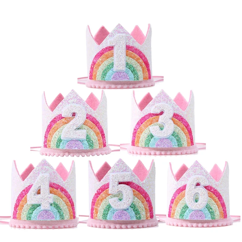 Rainbow Crown Princess Girls 1st Birthday Party Decor Kids 1 2 3 4 5Years Rainbow Unicorn Theme Birthday Hat photo props