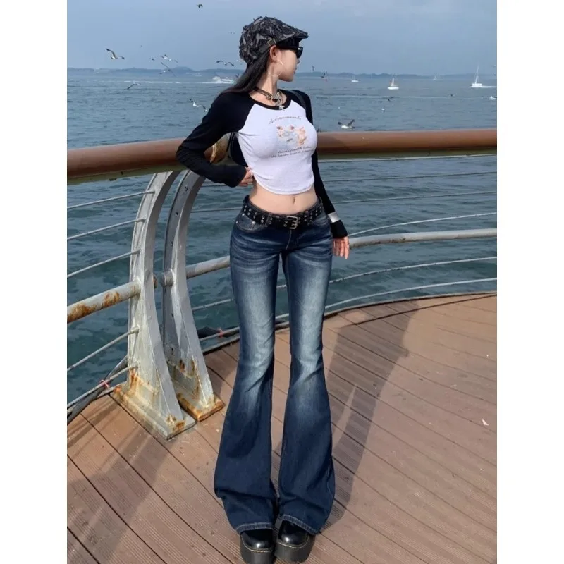 

Y2K Slim Fit с высокой талией, повседневные женские джинсы, джинсовые брюки в стиле ретро, расклешенные брюки с низкой посадкой, длинные осенние брюки для женщин